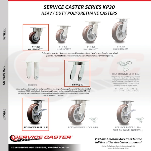 4 Inch Kingpinless Poly on Polyolefin Wheel Swivel Caster Set with 2 Brakes SCC